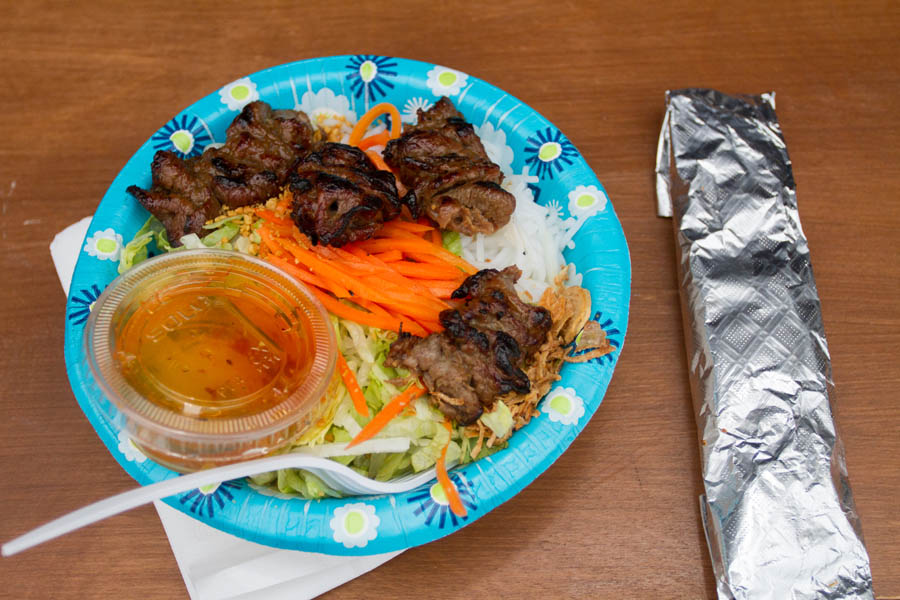 Vermicelli with Beef, Shrimp Skewer